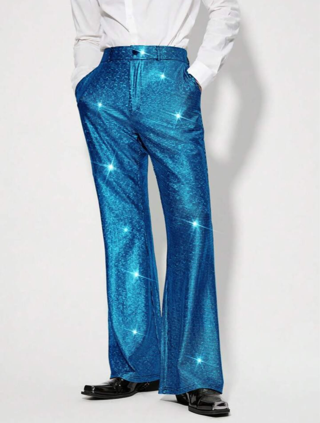 Men's Sparkling Blue Sequin Wide-Leg Trousers – Party & Stage Performance Pants